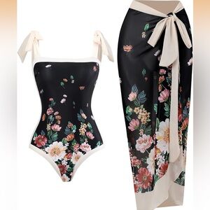 Floral Black One-Piece Swimsuit with Cover-Up - never worn